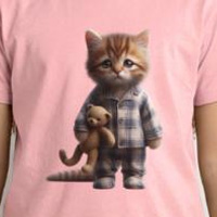 t-shirt enfant chaton en pyjama avec son doudou animaux mignons
